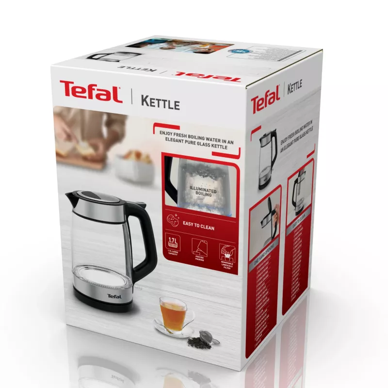 Tefal Glas-Wasserkocher KI605830 elektrischer Wasserkocher 1,7 L 2200 W Schwarz, Silber, Transparent