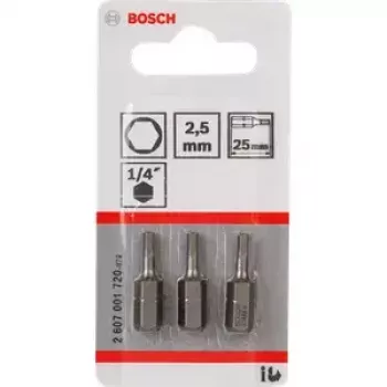 Schraubendreher-Bitsatz Bosch 3 Stück — Sicherheits-Innensechskant 2,5 mm, Länge 25 mm, 1/4-Zoll-Schaft
