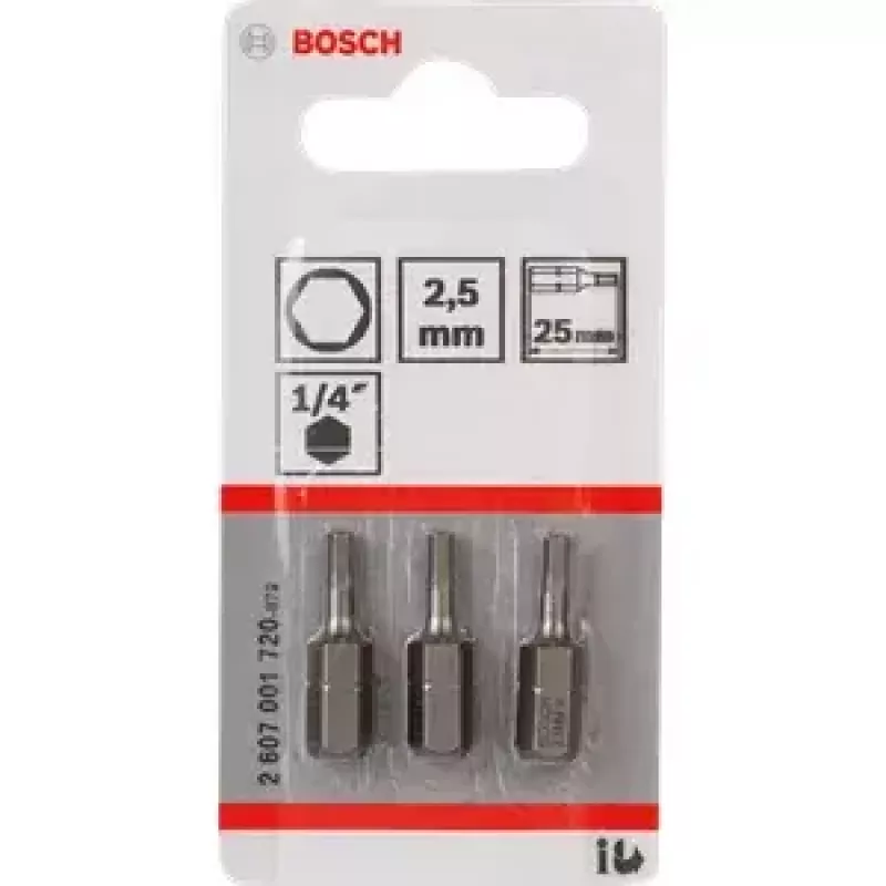 Schraubendreher-Bitsatz Bosch 3 Stück — Sicherheits-Innensechskant 2,5 mm, Länge 25 mm, 1/4-Zoll-Schaft