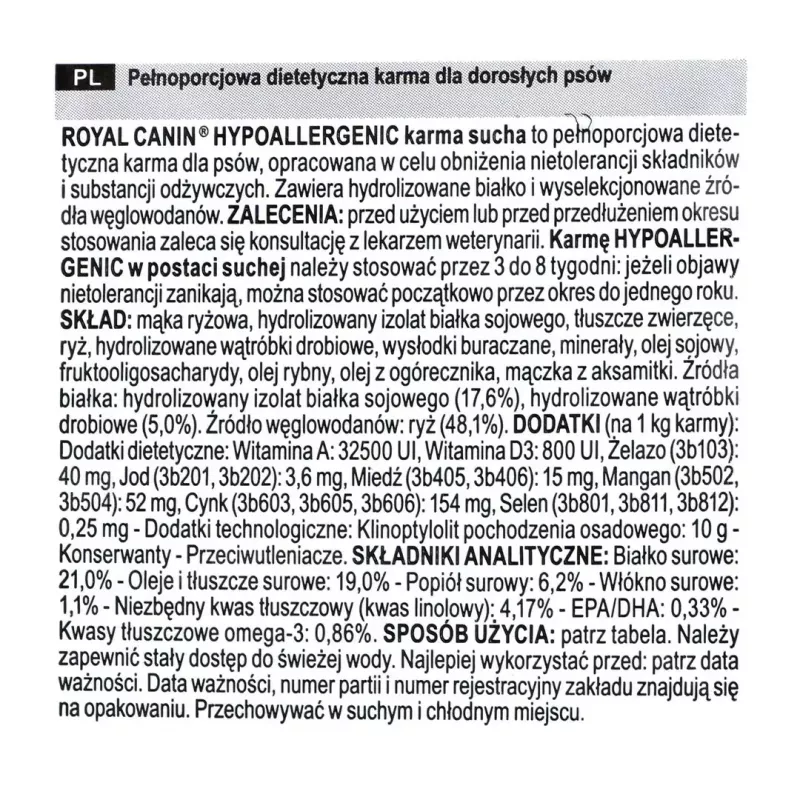 Trockenfutter für Hunde Royal Canin Hypoallergenic Adult — 14 kg, Leber- & Reissorte, 21 % Protein, 19 % Fett, glutenfrei
