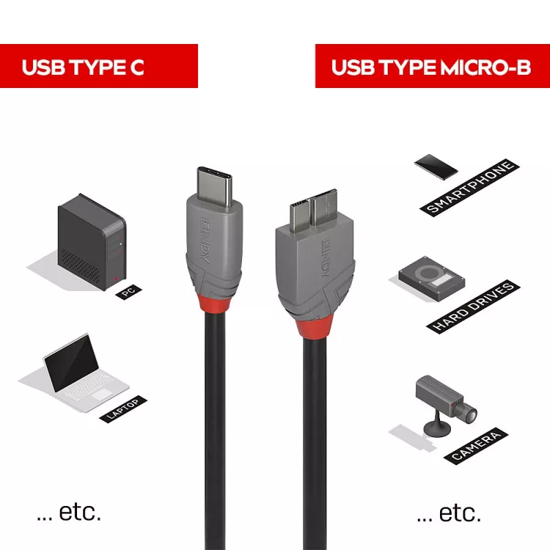 Lindy 1m USB 3.2 Typ C auf Micro-B Kabel, Anthra Line, 1 m, USB C, Micro-USB B, USB 3.2 Gen 1 (3.1 Gen 1), Schwarz