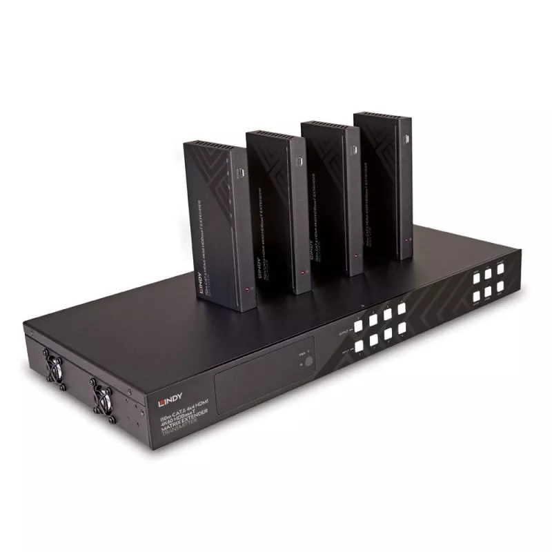 Lindy 150m Cat.6 4x4 HDMI 4K60 HDBaseT Matrix Extender, 3840 x 2160 Pixel, AV-Sender & -Empfänger, 150 m, Kabelgebunden, Schwarz, HDCP
