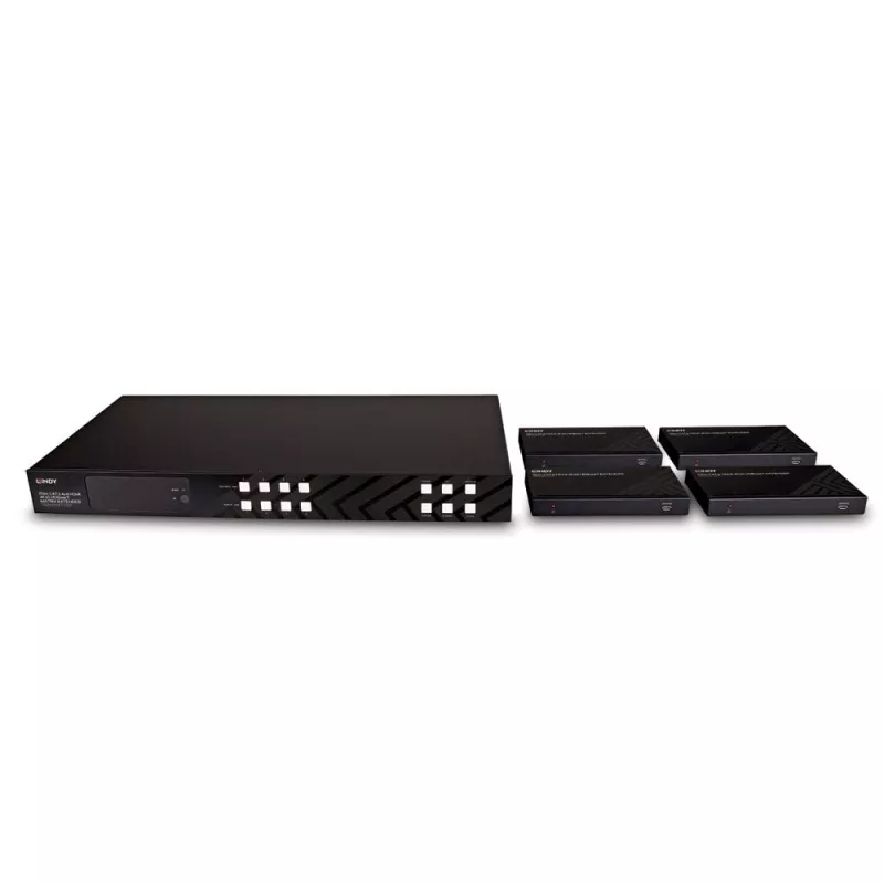 Lindy 150m Cat.6 4x4 HDMI 4K60 HDBaseT Matrix Extender, 3840 x 2160 Pixel, AV-Sender & -Empfänger, 150 m, Kabelgebunden, Schwarz, HDCP