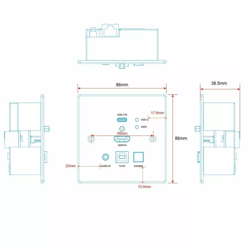 Lindy 150m Cat.6 HDMI 4K60 & Type C HDBaseT UK Wanddose KVM Extender, Transmitter