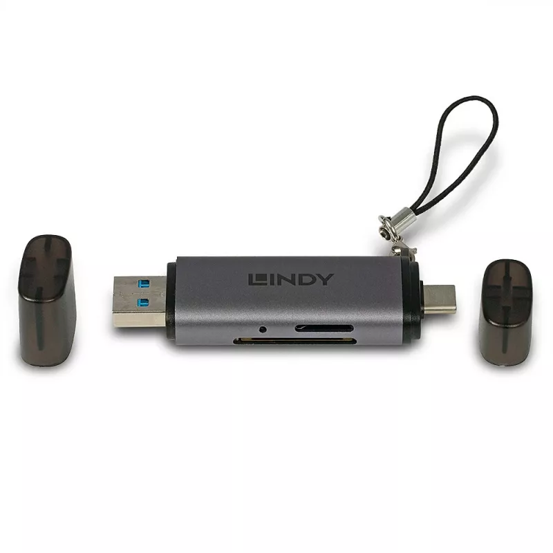 Lindy USB 3.2 Typ-C und A SD-/MicroSD-Kartenleser, MiniSD, SD, Schwarz, Grau, 5000 Mbit/s, USB 3.2 Gen 1 (3.1 Gen 1) Typ-A/Typ-C, 78,5 mm, 22,5 mm