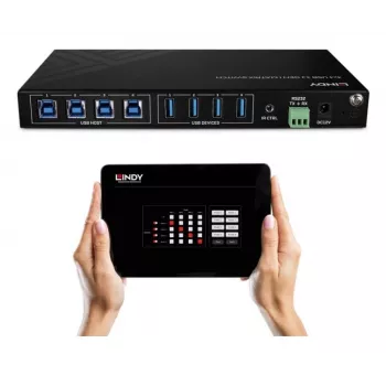 Lindy 4x4 USB 3.2 Gen 1 Matrix Switch, 5 Gbit/s, Schwarz, Metall, Drehregler, CE, FCC, RoHS & REACH, USB Typ-A, USB Typ-B