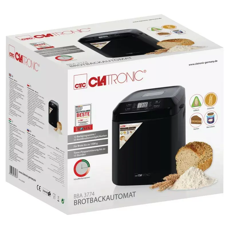 Brotbackautomat CLATRONIC BBA 3774 550W – 3-L-Backform, bis 1,5 kg Laib, 12 Programme, LCD-Timer