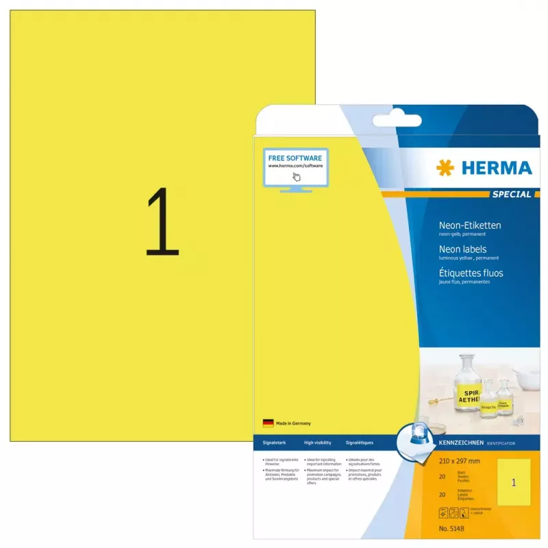 Etiketten HERMA Neon A4 210x297 mm leuchtgelb Papier matt 20 Stück