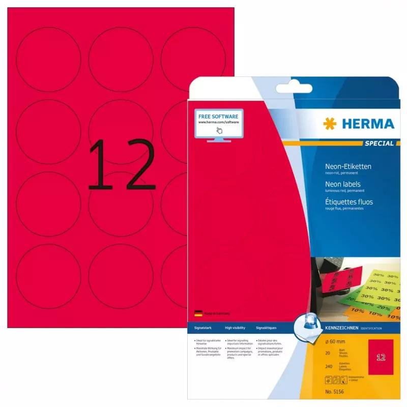 Selbstklebende Druckeretiketten HERMA Neon-Etiketten A4 Ø 60 mm rund leuchtend rot