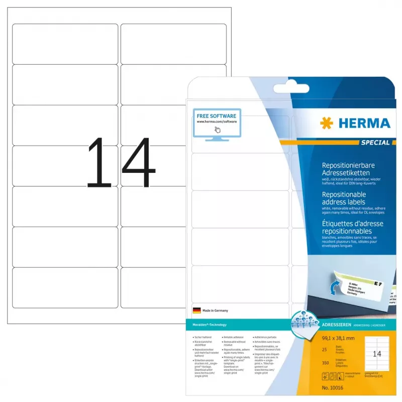 Wiederablösbare Adressetiketten HERMA 99,1x38,1 mm weiß 350 Stück
