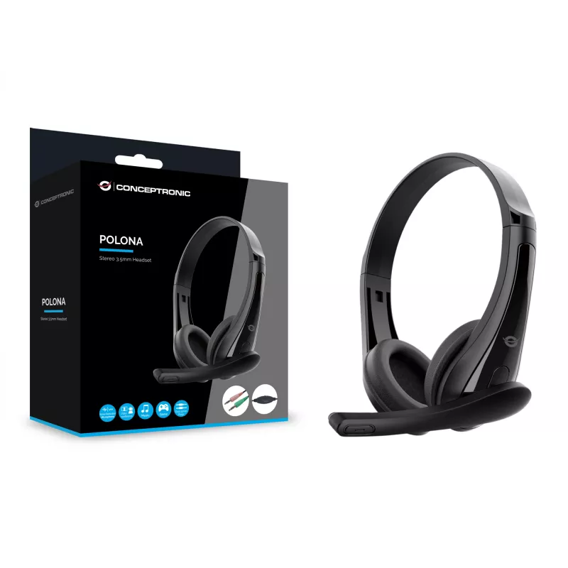 Kabelgebundenes Headset CONCEPTRONIC POLONA06B3T, Stereo 3,5 mm, Mikrofon mit Rauschunterdrückung, supraaural, 20–20000 Hz, 1,8 m Kabel, schwarz