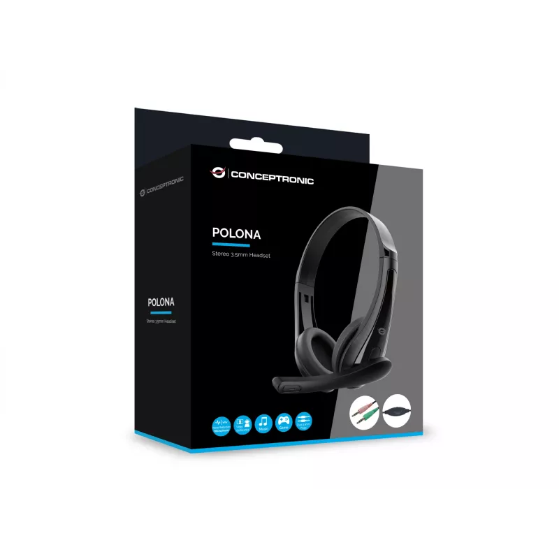 Kabelgebundenes Headset CONCEPTRONIC POLONA06B3T, Stereo 3,5 mm, Mikrofon mit Rauschunterdrückung, supraaural, 20–20000 Hz, 1,8 m Kabel, schwarz