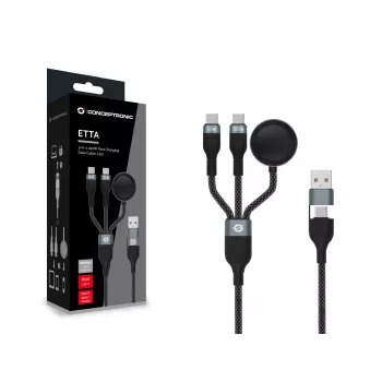 USB A auf 2× USB-C 3-in-1 Schnelllade-Datenkabel Conceptronic ETTA08B15 — 1,5 m, USB 2.0, 5 A, Apple Watch Ladegerät, 100 W E‑Mark