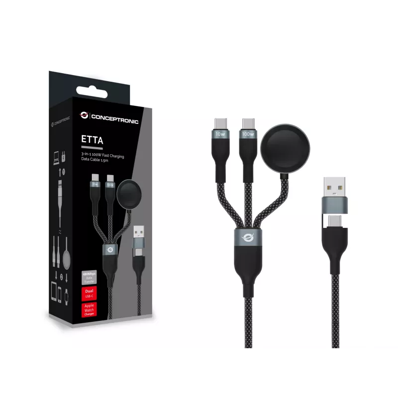 USB A auf 2× USB-C 3-in-1 Schnelllade-Datenkabel Conceptronic ETTA08B15 — 1,5 m, USB 2.0, 5 A, Apple Watch Ladegerät, 100 W E‑Mark