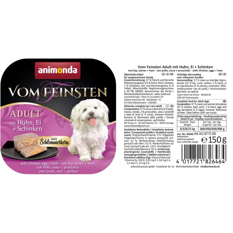 Nassfutter für Hunde animonda Vom Feinsten Gourmet Core — Huhn, Ei & Schinken, 150 g Schale, getreidefrei, für ausgewachsene kleine Rassen (5–10 kg)