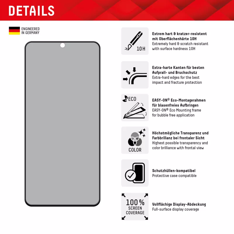 Displex Privacy Screen Protector (10H) für Samsung Galaxy S22/S23, Eco Montagerahmen, Blickschutzfilter