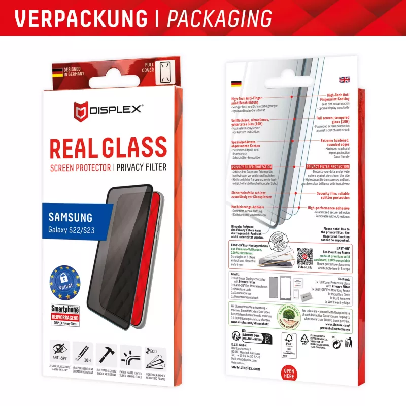 Displex Privacy Screen Protector (10H) für Samsung Galaxy S22/S23, Eco Montagerahmen, Blickschutzfilter