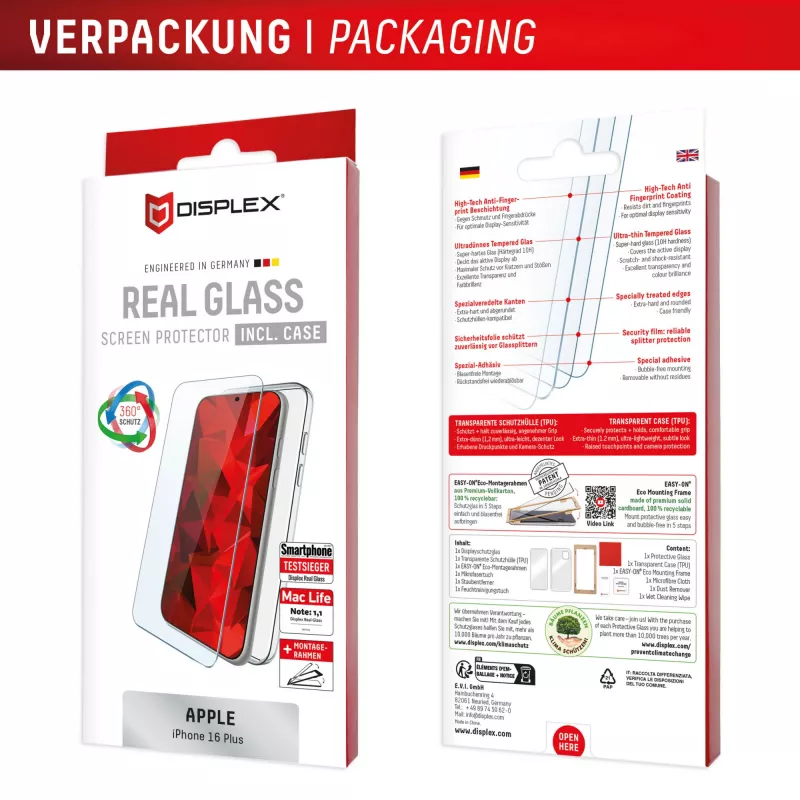 Displex Displayschutzfolie + Hülle für Apple iPhone 16 Plus, Eco-Montagerahmen, kratzfest