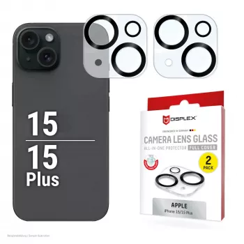 Displex Full Cover Kamera-Linsenglas iPhone 15/15 Plus, 10H, Voll-Kameraschutz, Quick Mount, 2 Stück