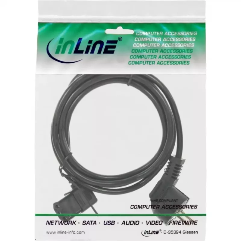 InLine Netzkabel, CEE 7/7 gewinkelt / 3-polig IEC C13 links gewinkelt, schwarz, 1,8 m