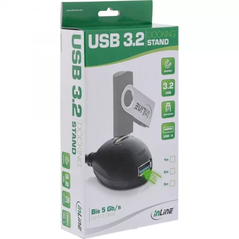 InLine USB 3.2 Gen.1 Kabel USB Typ A M / A F + Strom, mit Ständer, schwarz, 2 m