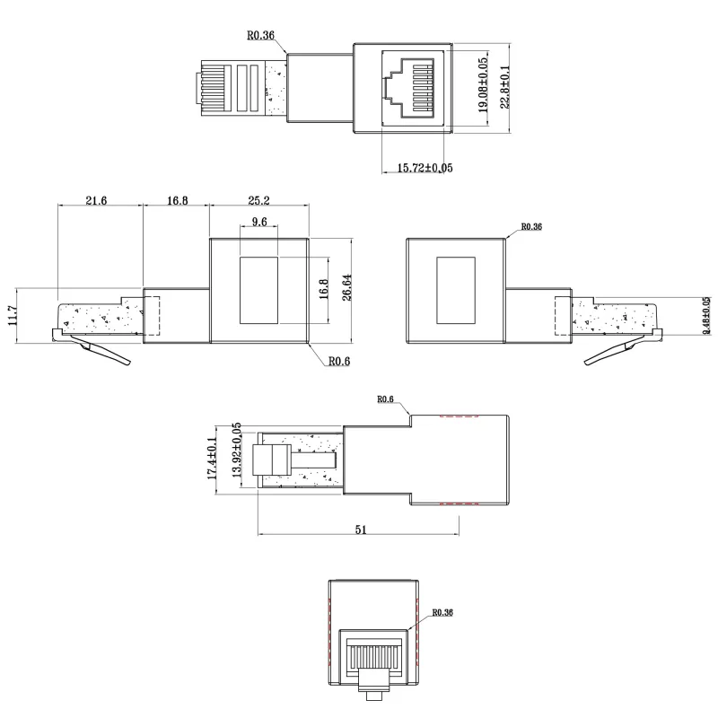 InLine Patchkabel-Adapter Cat.6A, RJ45 Stecker / Buchse, 90° abgewinkelt nach unten