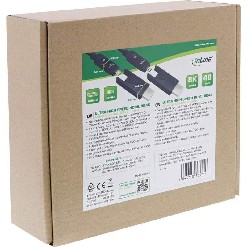 InLine HDMI AOC Kabel, Ultra High Speed HDMI, 8K4K, abnehmbarer Stecker, 20m