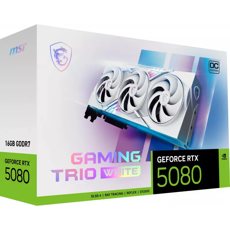 Grafikkarte MSI GeForce RTX 5080 16 GB GDDR7, PCIe 5.0, 256-bit, 3xDP 2.1a + HDMI 2.1b, 360 W, 3 Lüfter, Weiß