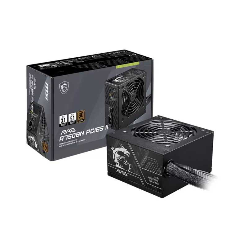 Netzteil MSI MAG A750BN PCIE5 II 750 W, 24‑pin ATX, Non‑Modular, 80 PLUS Bronze, 120 mm Lüfter, Schwarz