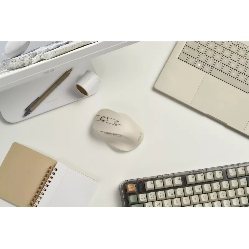 Kabellose Rechtshänder-Maus ASUS MD105 MK-WH — RF + Bluetooth, 2400 DPI, Rad, Batterie, Beige