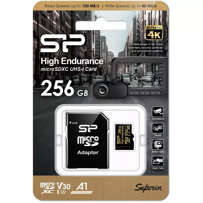MicroSDXC-Karte Silicon Power SP256GBSTXDV3V1HSP 256 GB Class 10 High Endurance, 3,6 V, 0–70°C