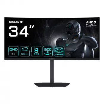 GIGABYTE GS34WQCA 34 Zoll WQHD Curved Gaming-Monitor – 3440 x 1440, 1500R, 120 Hz, 1 ms, 300 cd/m², FreeSync Premium, HDR Ready, HDMI 2.0, DisplayPort 1.4