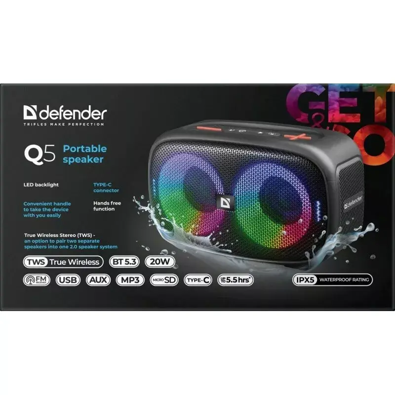 Defender Q5 Stereo Tragbarer Bluetooth-Lautsprecher, 20W, LED-Beleuchtung, UKW-Radio, TWS