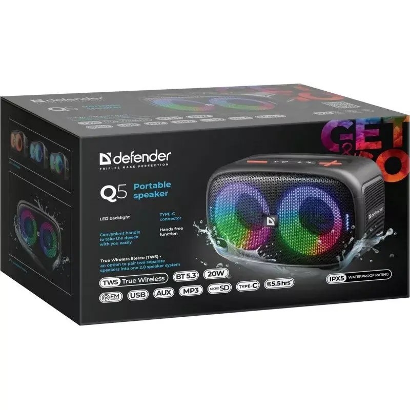 Defender Q5 Stereo Tragbarer Bluetooth-Lautsprecher, 20W, LED-Beleuchtung, UKW-Radio, TWS