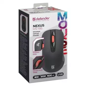 Kabellose optische RF Silent Maus DEFENDER Nexus MS-195 — 1600 DPI, 2,4 GHz, Nano-USB, beidhändig, 2×AAA, Schwarz