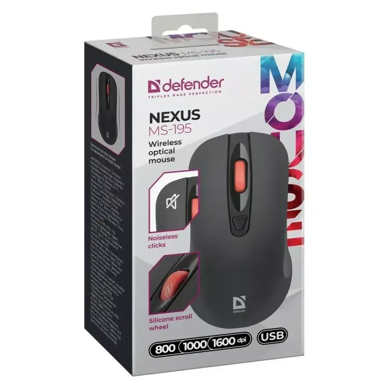 Kabellose optische RF Silent Maus DEFENDER Nexus MS-195 — 1600 DPI, 2,4 GHz, Nano-USB, beidhändig, 2×AAA, Schwarz