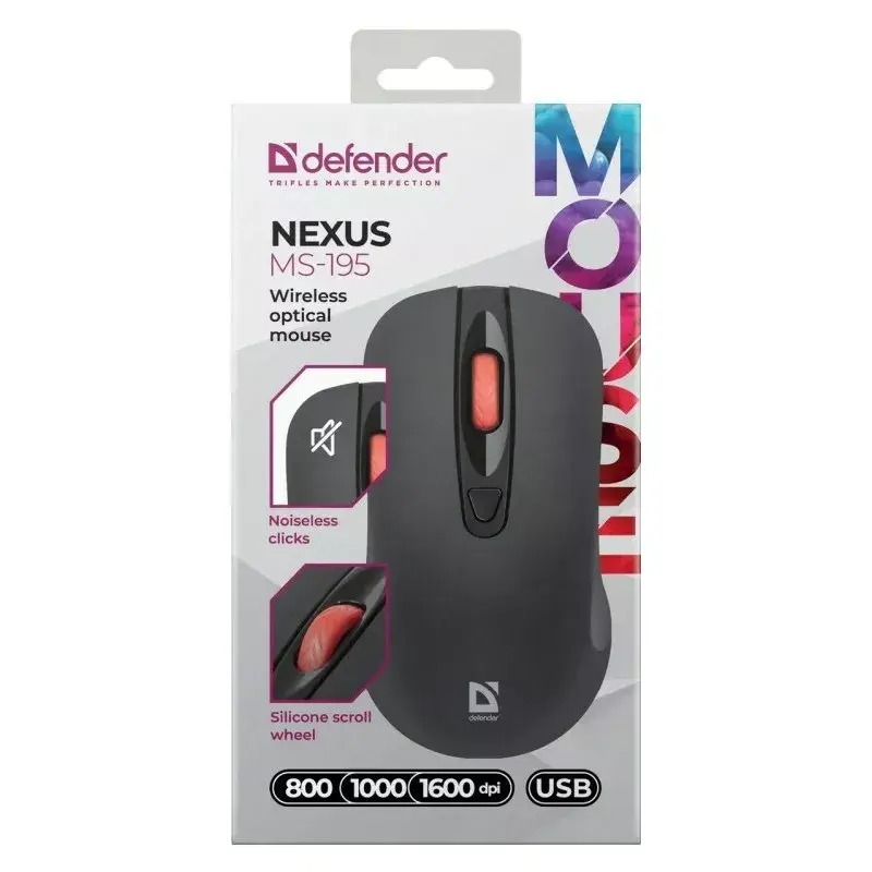 Kabellose optische RF Silent Maus DEFENDER Nexus MS-195 — 1600 DPI, 2,4 GHz, Nano-USB, beidhändig, 2×AAA, Schwarz