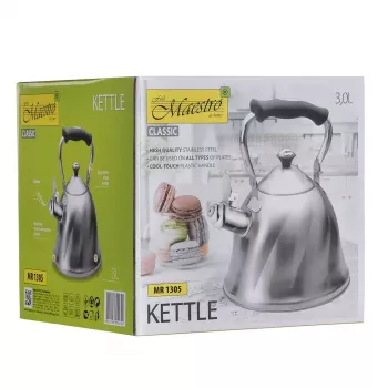 Wasserkocher Maestro MR-1305 — Edelstahl-Herdkocher, 3,0 L, induktionsgeeignet, Flöte, Klappdeckel