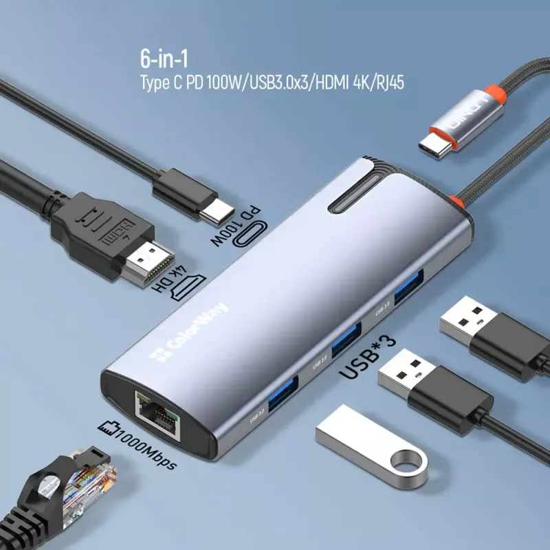 Dockingstation ColorWay CW-HUB02 6-in-1 100W — Multiport-Hub mit Stromversorgung