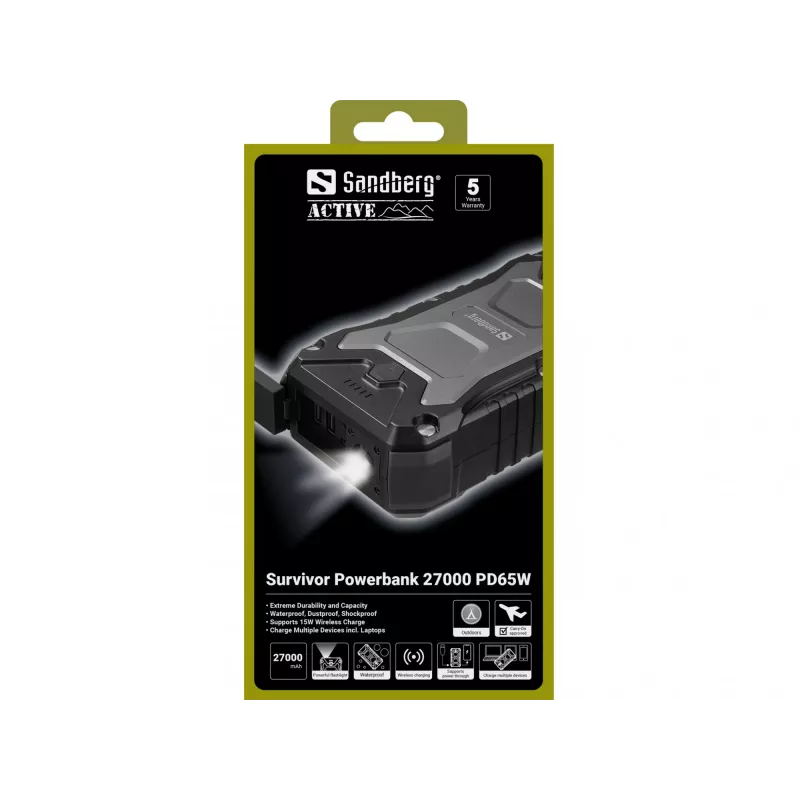 Sandberg Survivor Powerbank 27000 PD65W, 27000 mAh, Power Delivery, Quick Charge 3.0, kabelloses Laden, Schwarz