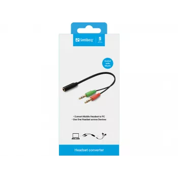 Sandberg Headset-Adapter (mobil) PC, 2 x 3,5 mm, Stecker, 3,5 mm, Buchse, Schwarz