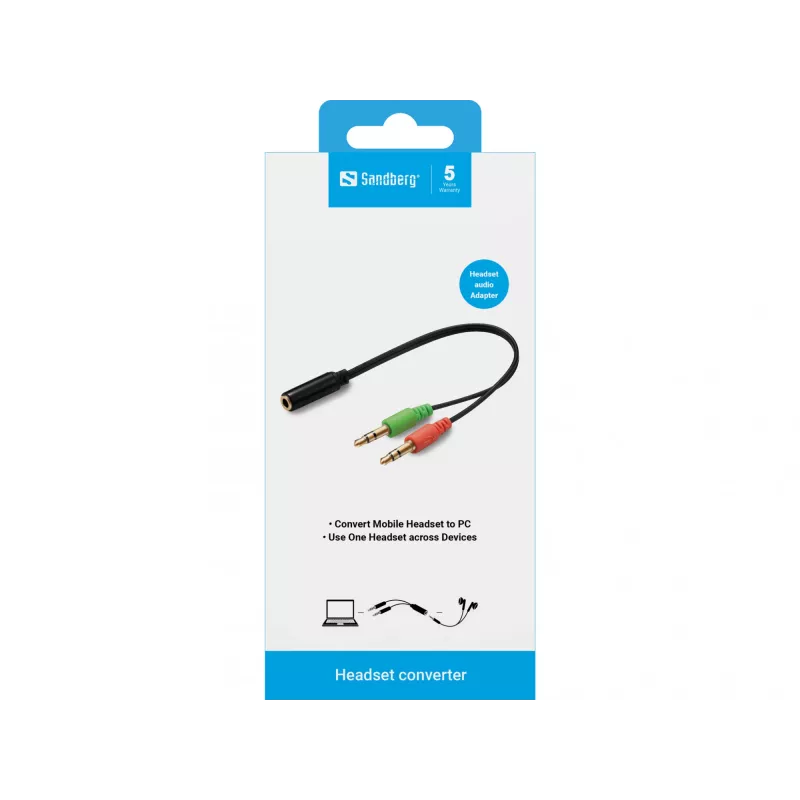 Sandberg Headset-Adapter (mobil) PC, 2 x 3,5 mm, Stecker, 3,5 mm, Buchse, Schwarz
