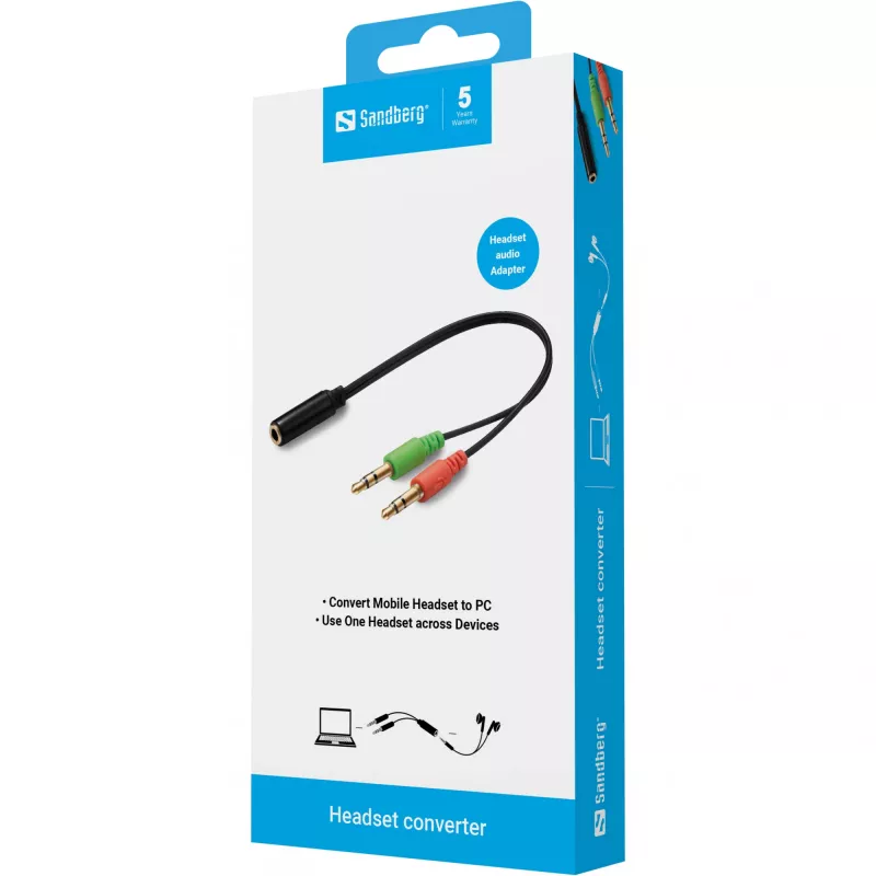 Sandberg Headset-Adapter (mobil) PC, 2 x 3,5 mm, Stecker, 3,5 mm, Buchse, Schwarz