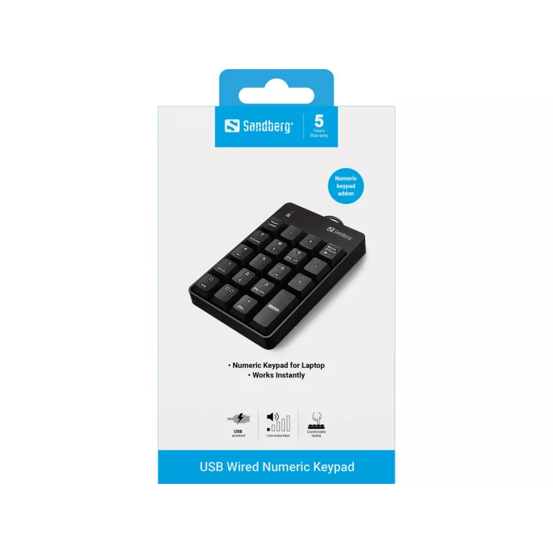 Sandberg USB Kabelgebundenes numerisches Tastenfeld, USB, 19, Laptop/PC, 1,5 m, Schwarz