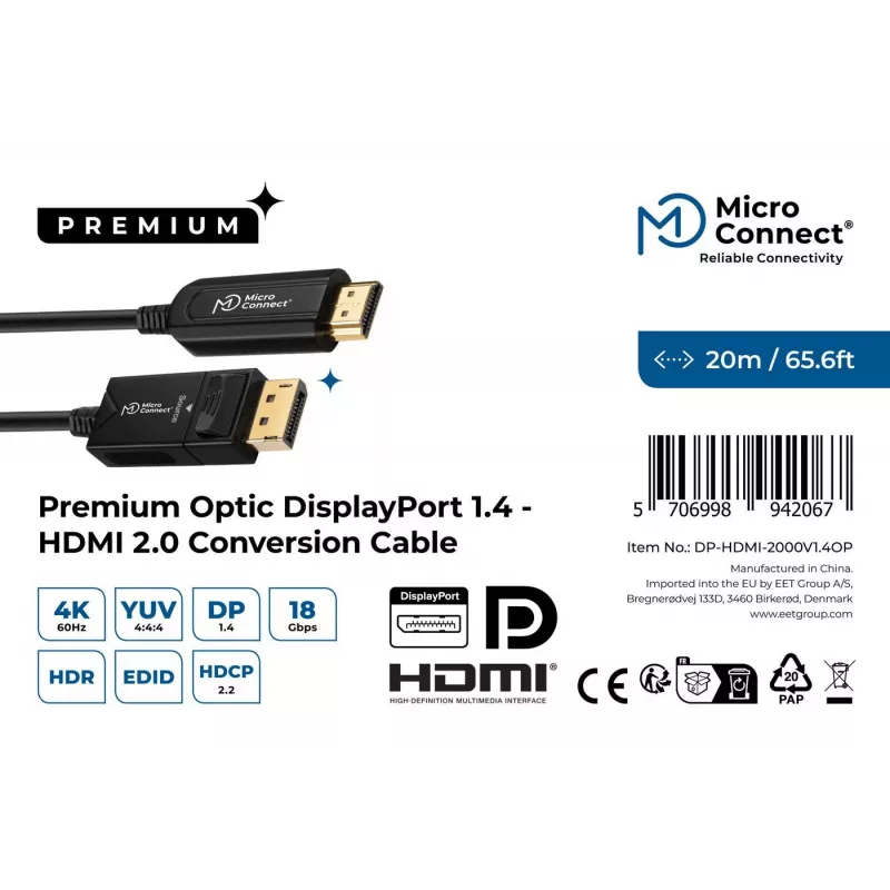 Microconnect DP-HDMI-2000V1.4OP Videokabel-Adapter 20 m DisplayPort HDMI Typ A (Standard) Schwarz