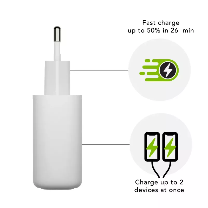 Wandladegerät d bramante re-charge Pro — 2× USB-C 25W, 110–240V, Weiß