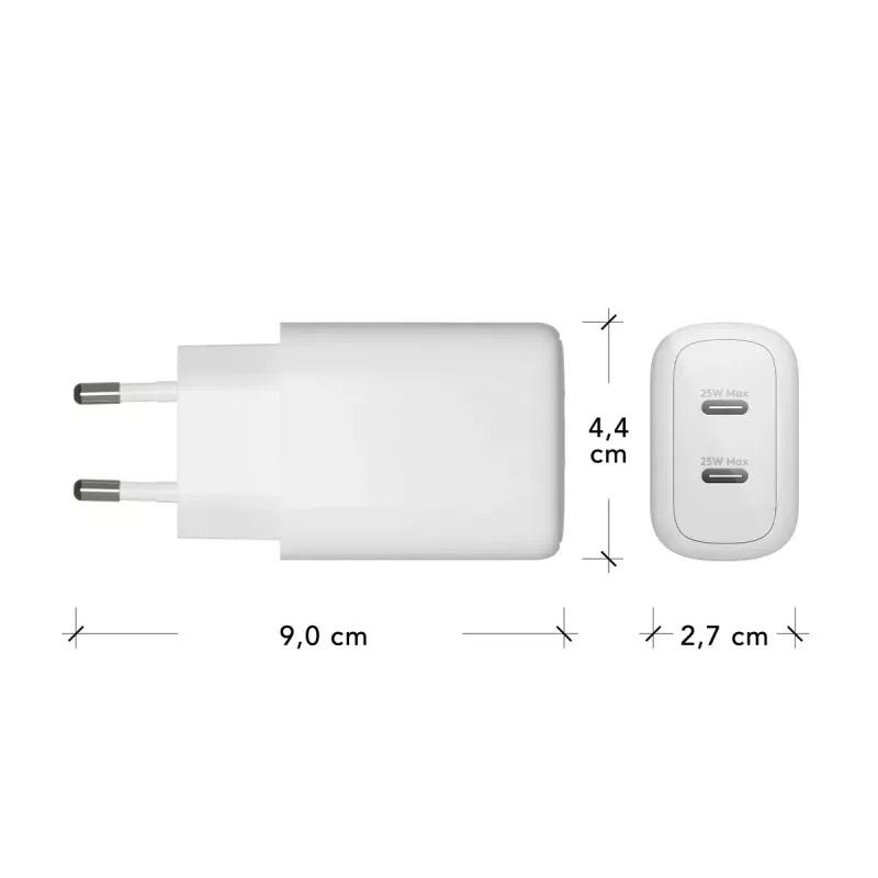 Wandladegerät d bramante re-charge Pro — 2× USB-C 25W, 110–240V, Weiß