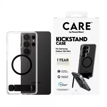 PanzerGlass CARE™ Urban Explorer Hülle für Samsung Galaxy S26 Ultra — Transparente Abdeckung mit schwarzem Kickstand und Qi-Unterstützung