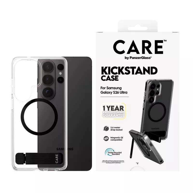 PanzerGlass CARE™ Urban Explorer Hülle für Samsung Galaxy S26 Ultra — Transparente Abdeckung mit schwarzem Kickstand und Qi-Unterstützung