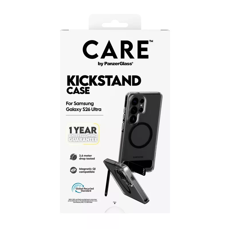 PanzerGlass CARE™ Urban Explorer Hülle für Samsung Galaxy S26 Ultra — Transparente Abdeckung mit schwarzem Kickstand und Qi-Unterstützung